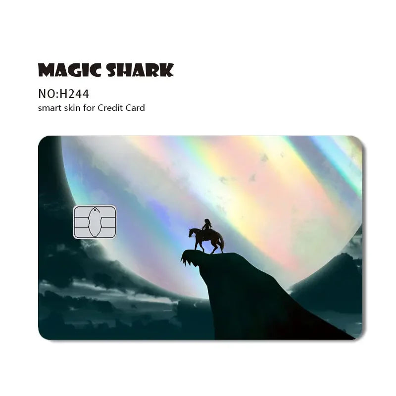 A dark silhouette of a horse stands on a cliff edge under a rainbow sky, representing the Magic Shark credit card skin.