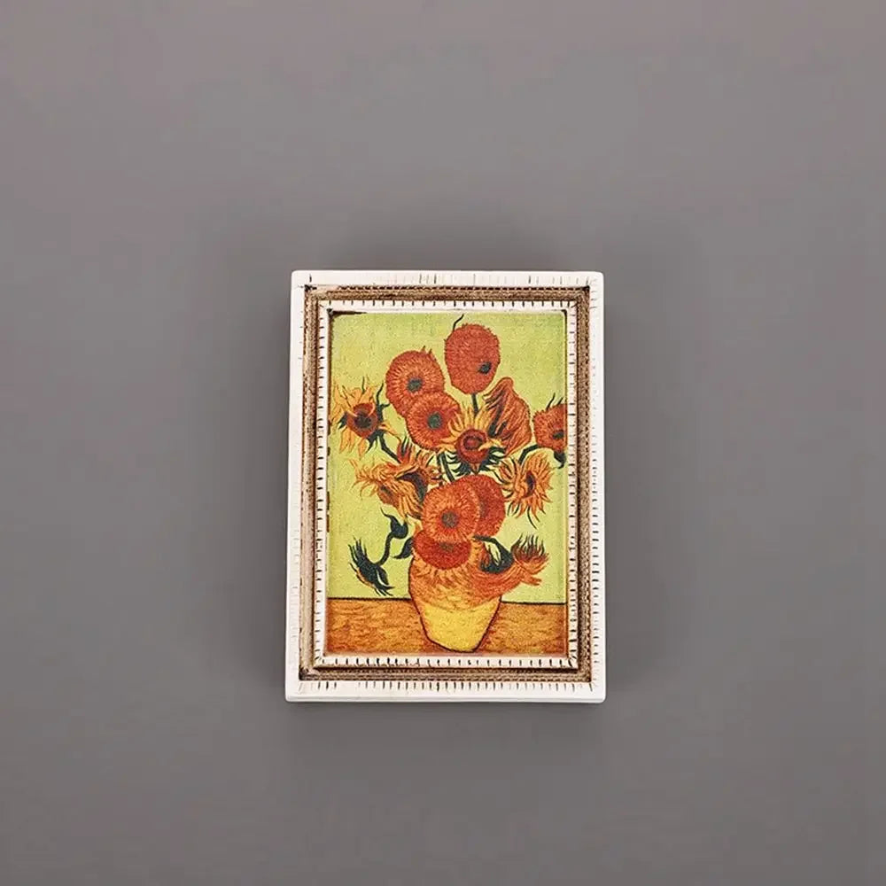 A framed painting featuring vibrant orange and yellow flowers in a classic style, suitable for fridge decor.