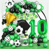 A large arrangement of green, black, and white latex football-shaped balloons celebrating a happy birthday with a number 10 b