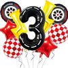 A set of nine foil balloons, including a number three and racing themed balloons in black, yellow, and red checkered patterns