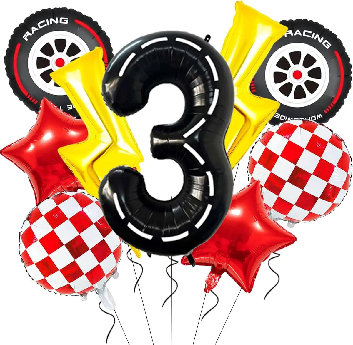 A set of nine foil balloons, including a number three and racing themed balloons in black, yellow, and red checkered patterns