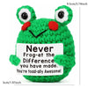 A handcrafted green frog crochet doll with a positive message card that reads Never Frog-et the Difference you have made You'