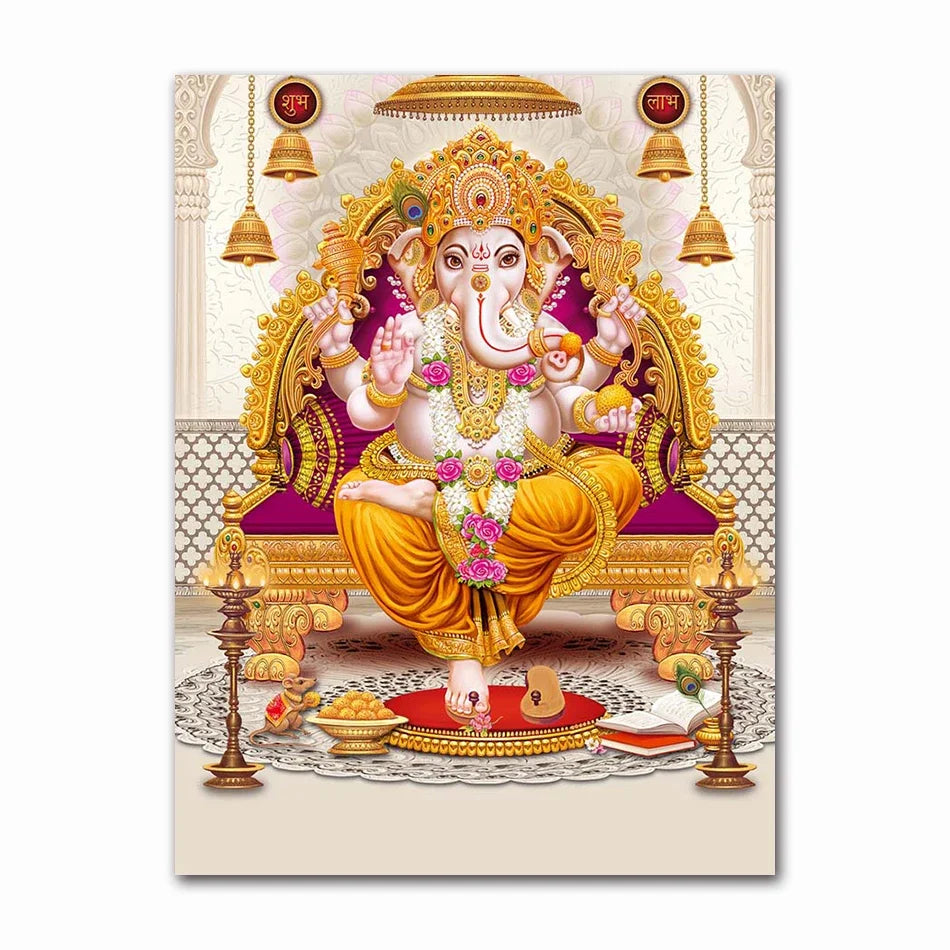 Golden Ganesha canvas art print featuring Lord Ganesha with Shiva and Parvati
