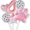A foil balloon party set featuring a pink number 4, a paw print balloon, and a large pink paw print balloon.