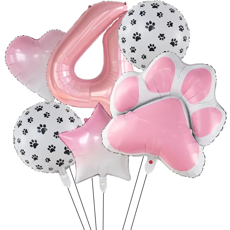 A foil balloon party set featuring a pink number 4, a paw print balloon, and a large pink paw print balloon.