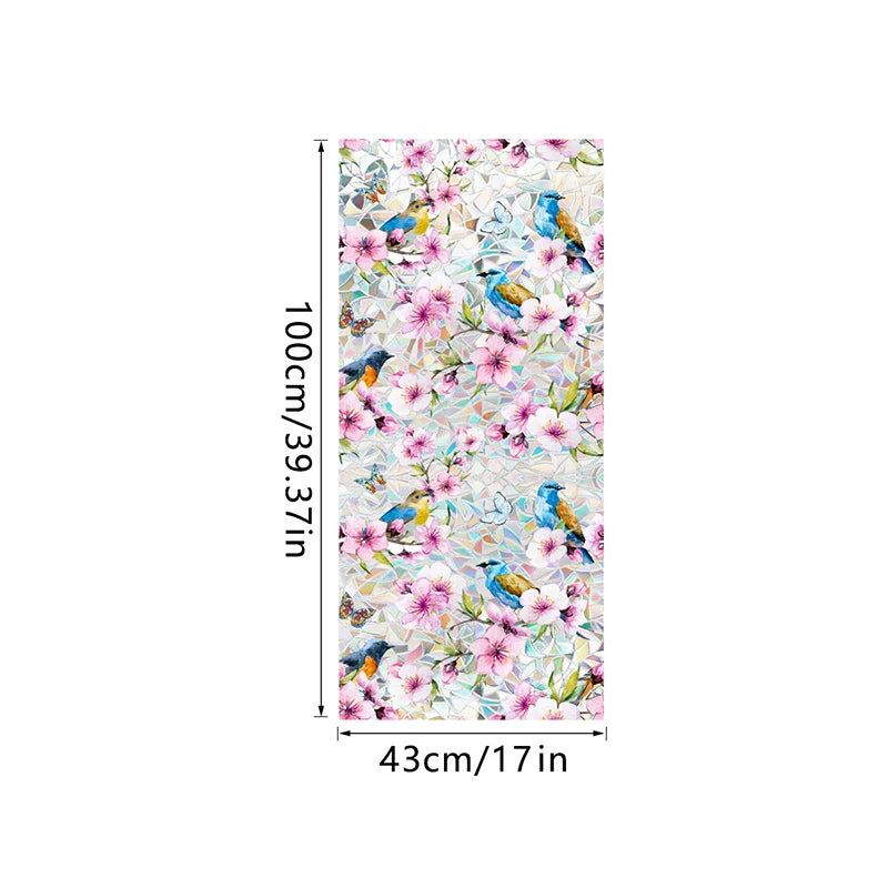 Botanical print static cling window film featuring pink flowers and blue birds on a white background