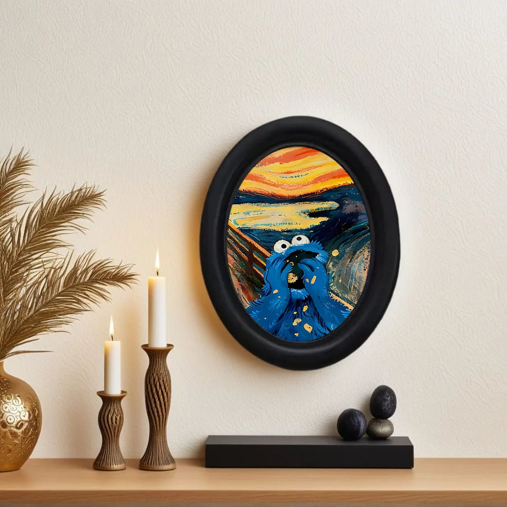 An abstract oval wooden picture frame featuring vibrant yellow, orange, and blue colors.