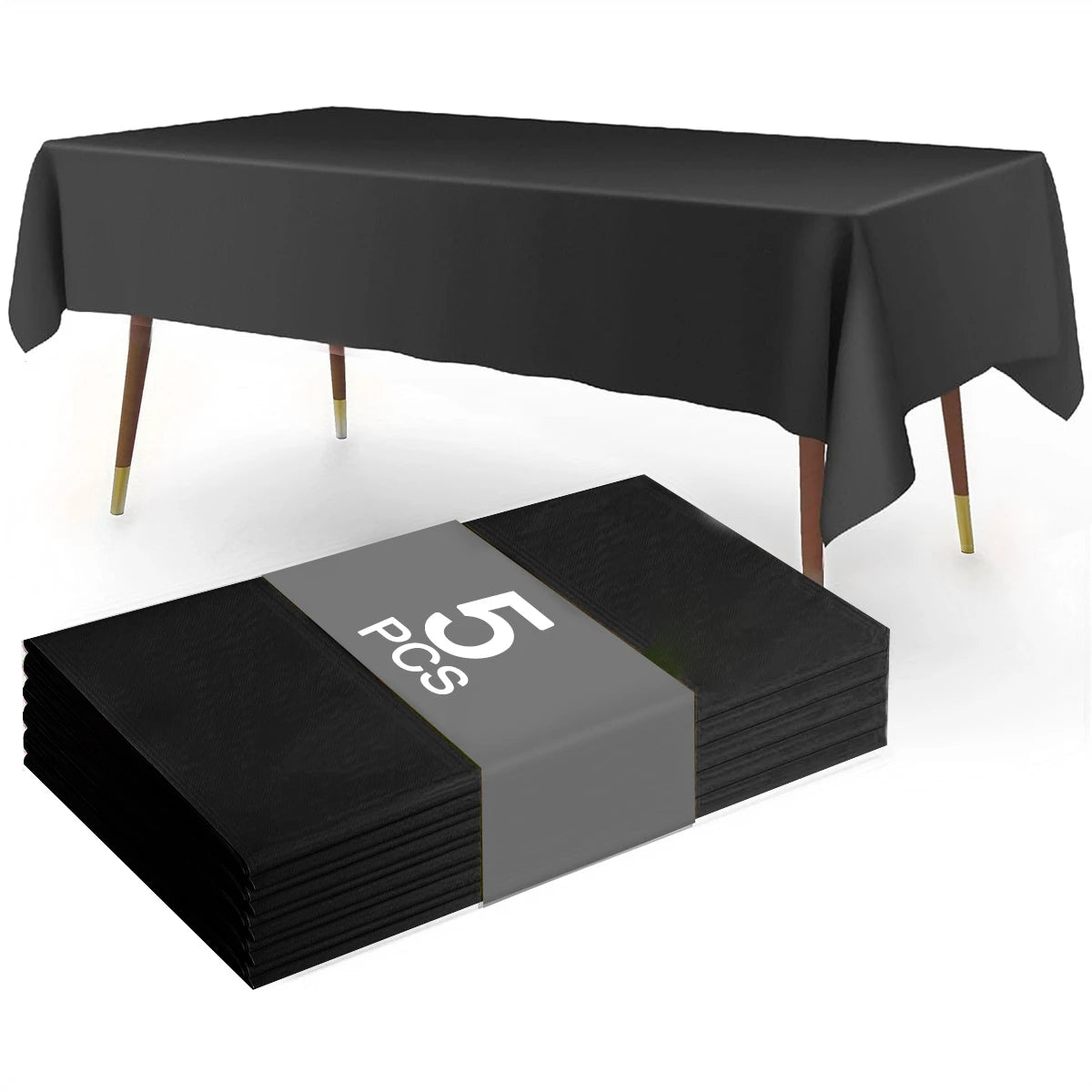 A black disposable plastic tablecloth is draped over a rectangular table, shown next to a stack of five black tablecloths.