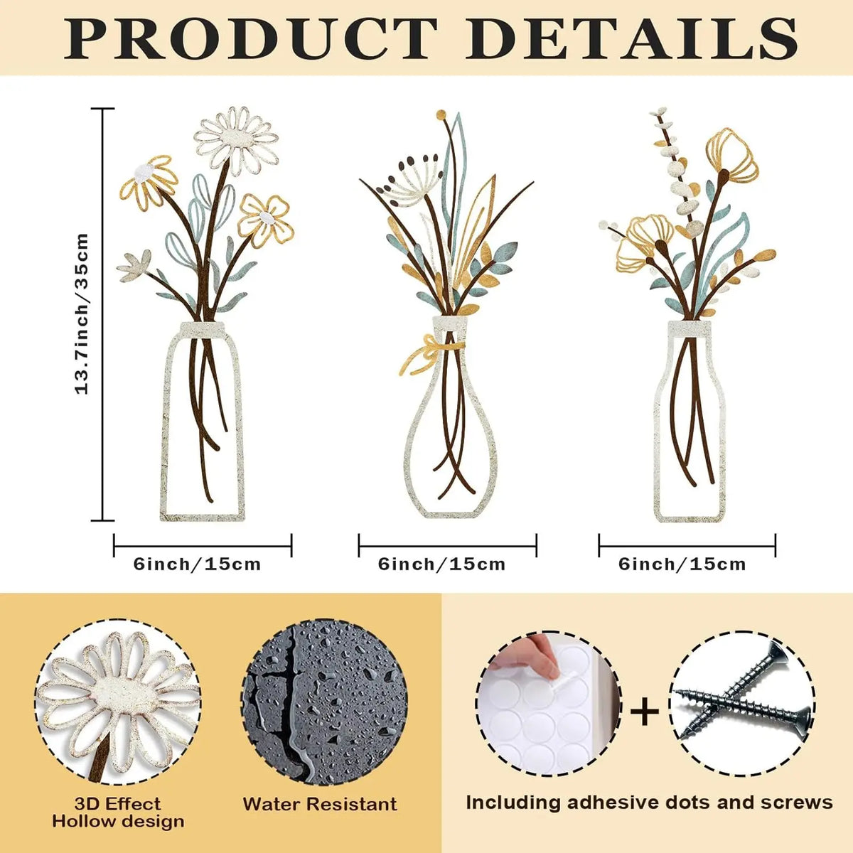 Set of three rustic metal flower arrangements in glass vases with adhesive dots and screws