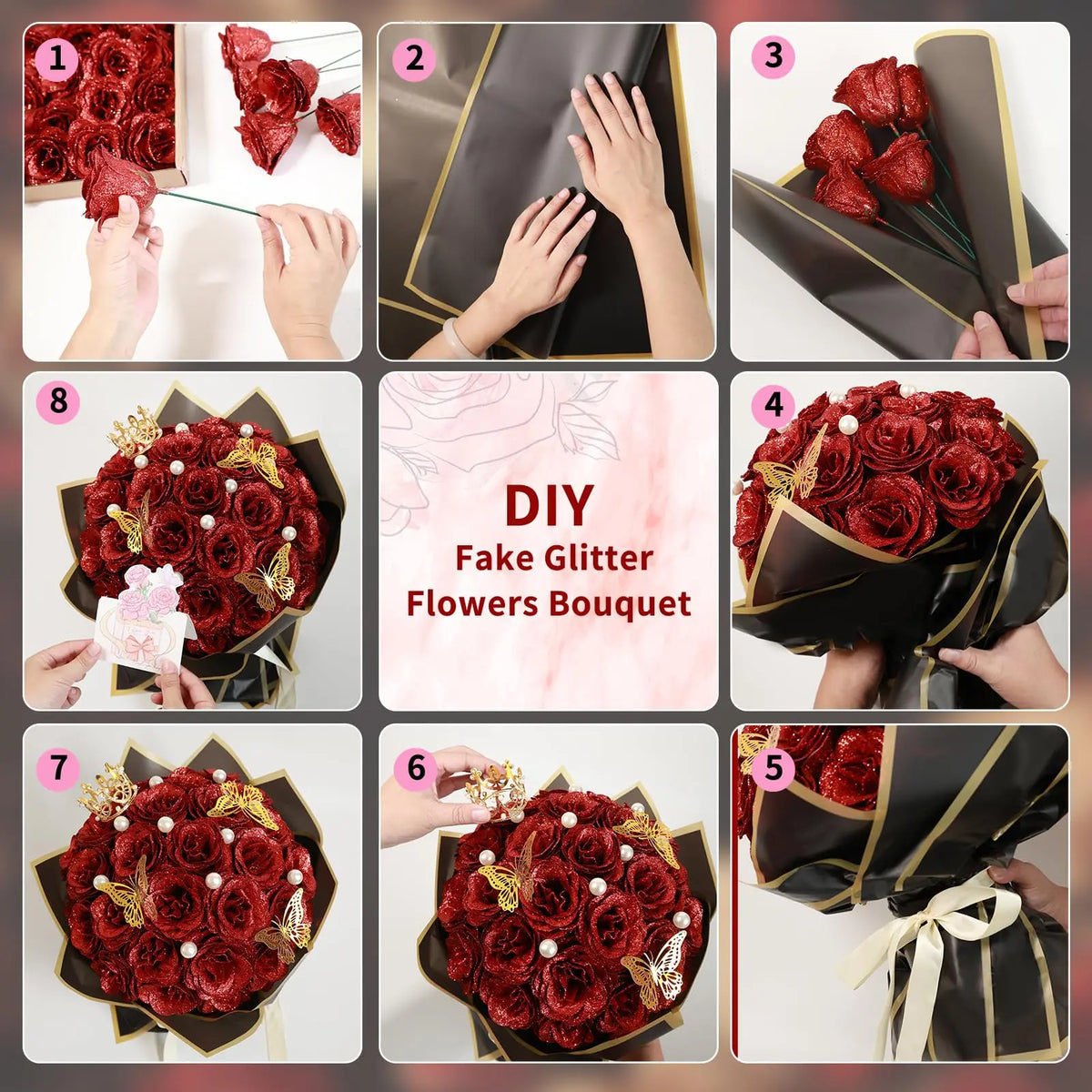 DIY fake glitter red roses bouquet wrapped in black paper