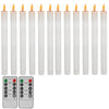 A set of white flameless LED taper candles and a remote control with timer functions.