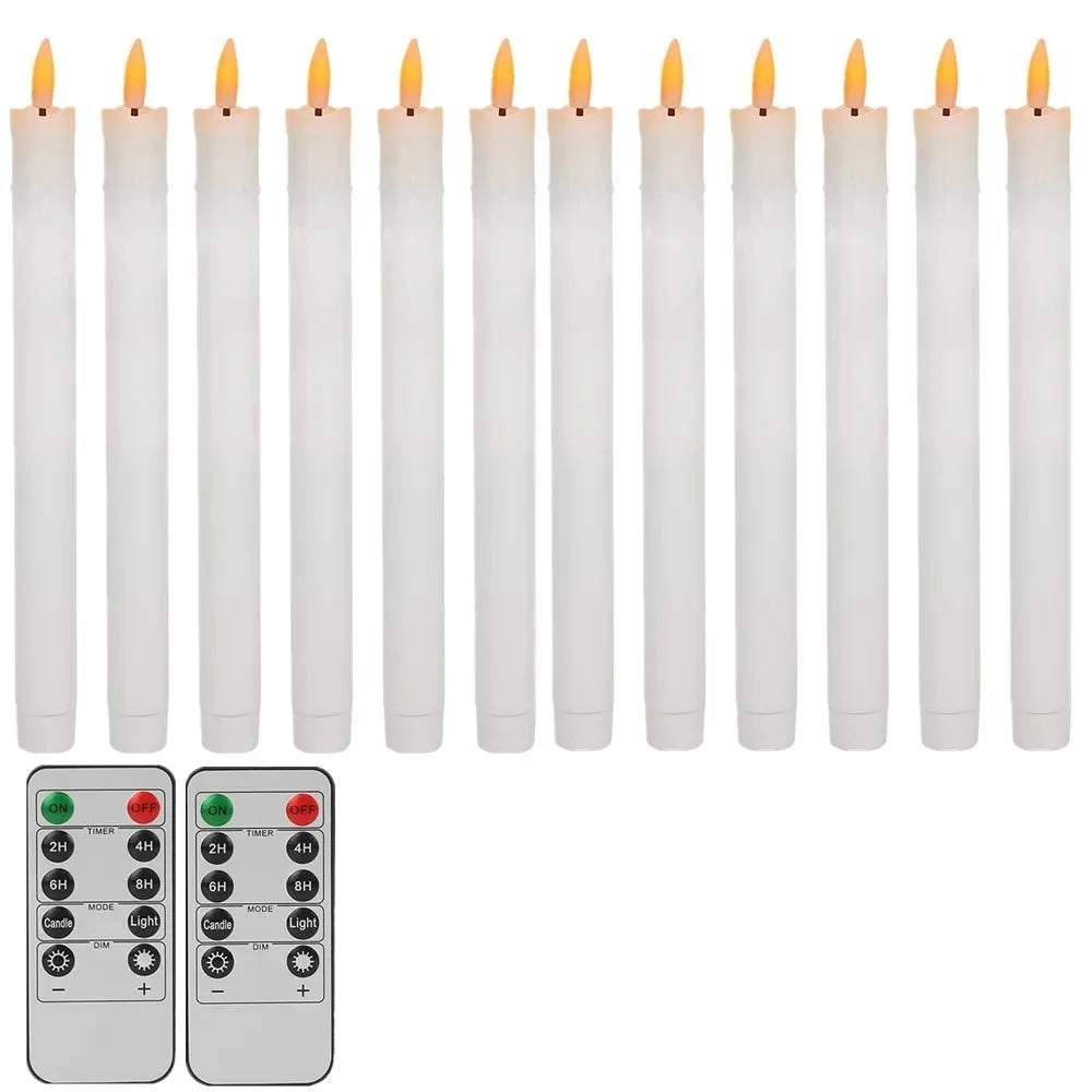 A set of white flameless LED taper candles and a remote control with timer functions.