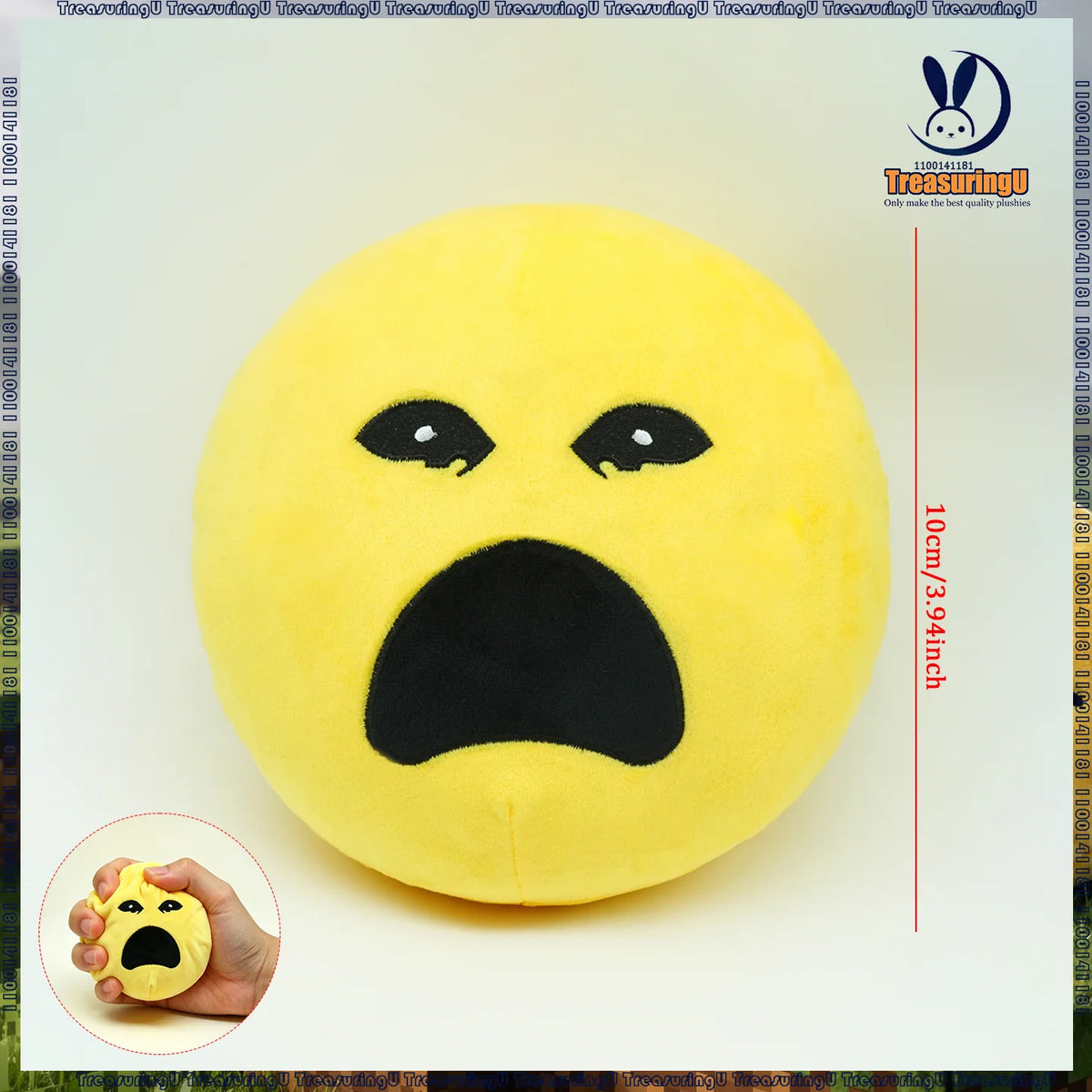 A yellow plush doll shaped like an angry face with black eyes and mouth, shown next to a hand for scale.