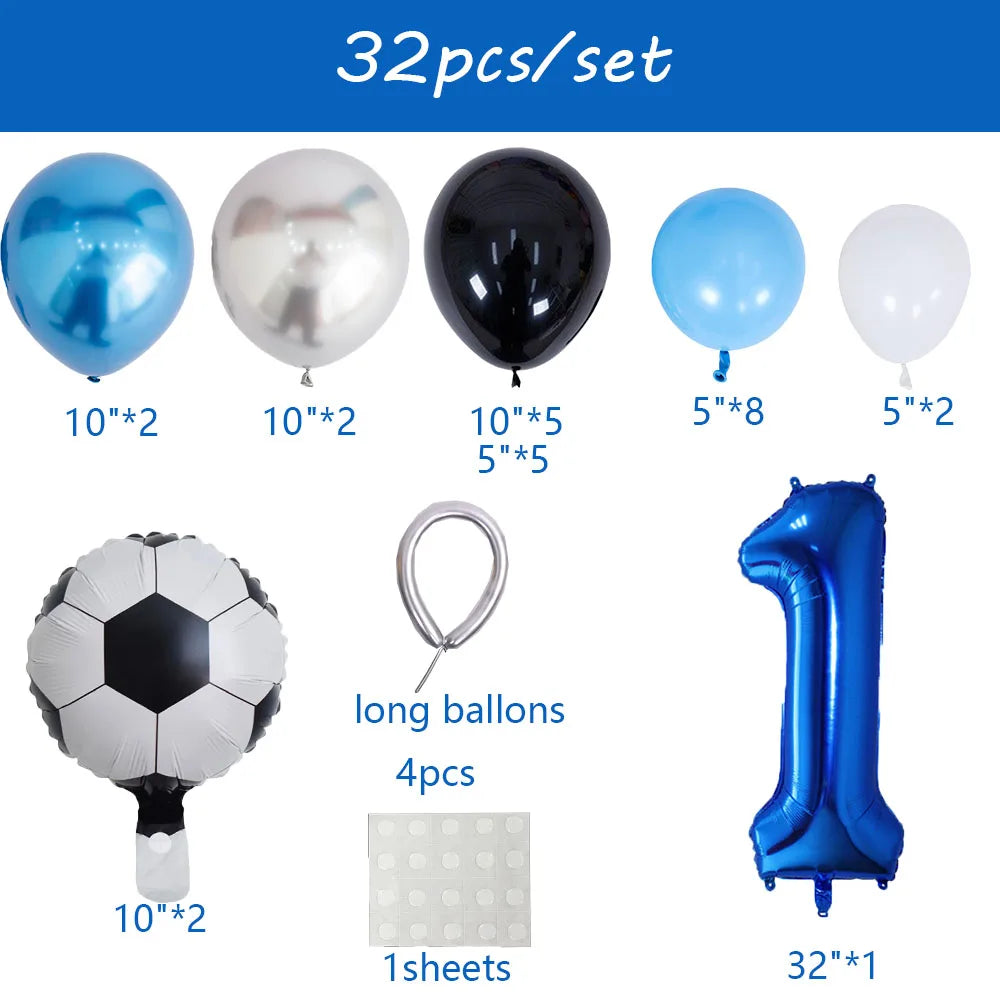 A set of 32 party decoration balloons including latex balloons, long balloons, and a blue foil number balloon.