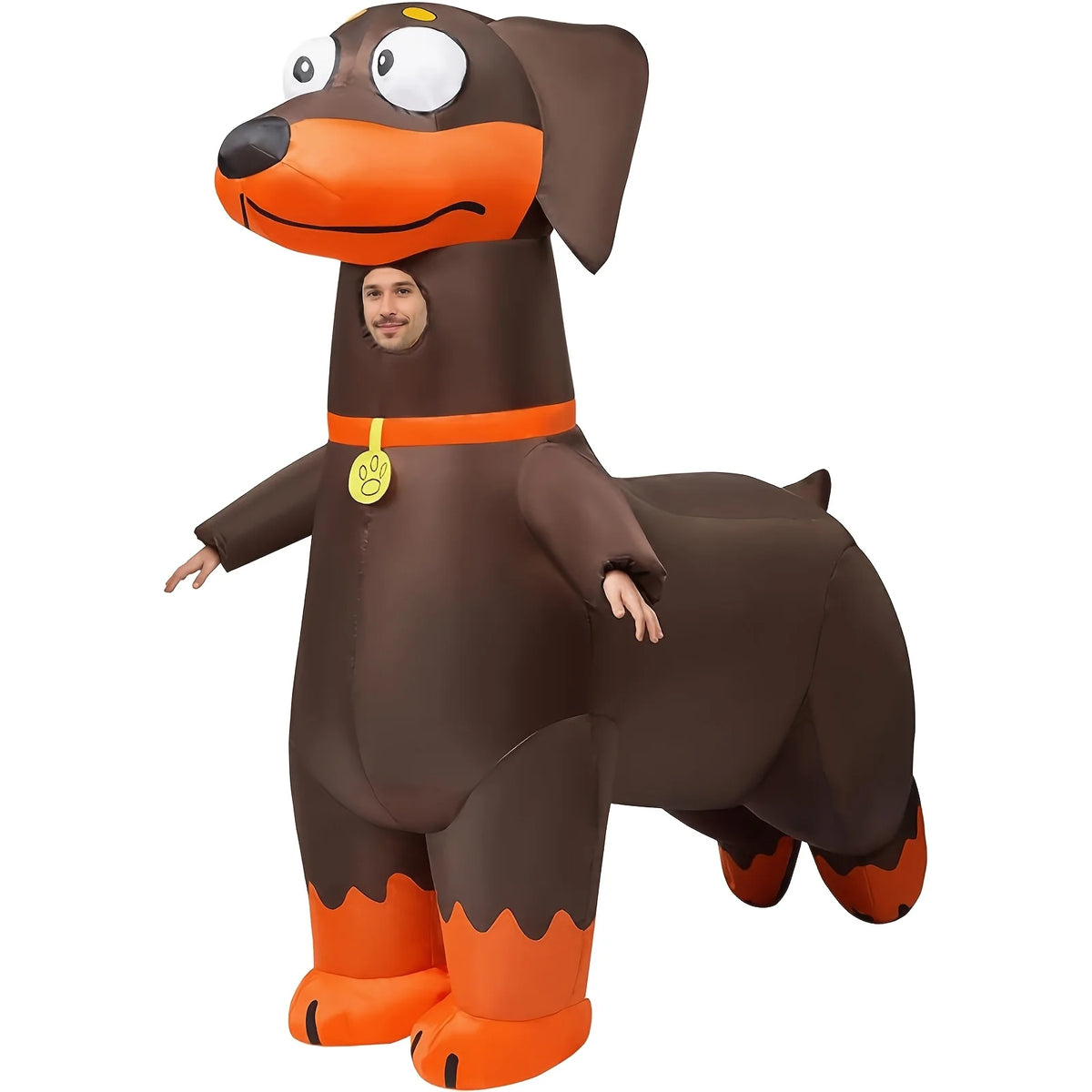 An inflatable dachshund dog costume for adults in brown and orange colors.