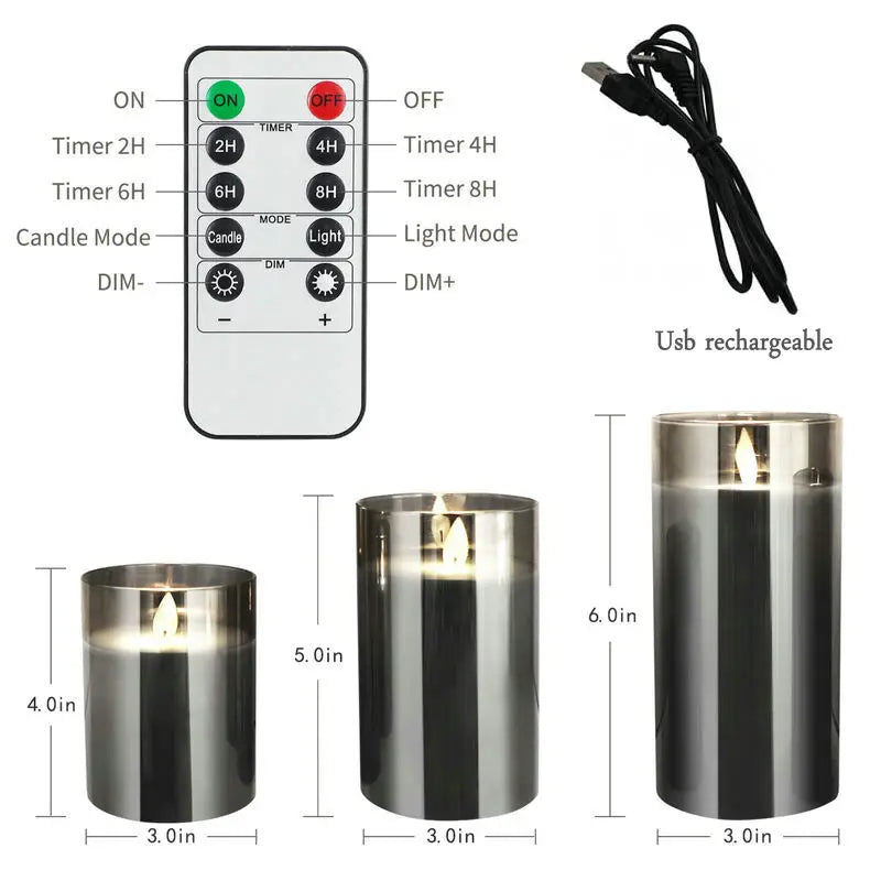 A set of USB rechargeable flameless LED pillar candles with a remote and timer, shown next to the control panel and candle ho