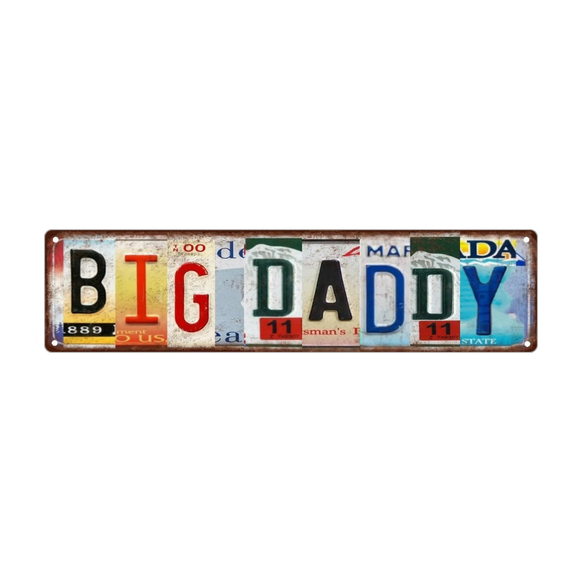 Vintage metal tin sign with the text BIG DADDY featuring various colors and numbers.