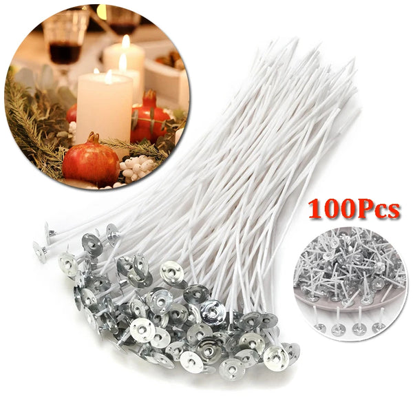 A bundle of 100 metal candle wicks for soy wax and pillar candles, shown alongside a candle setup.