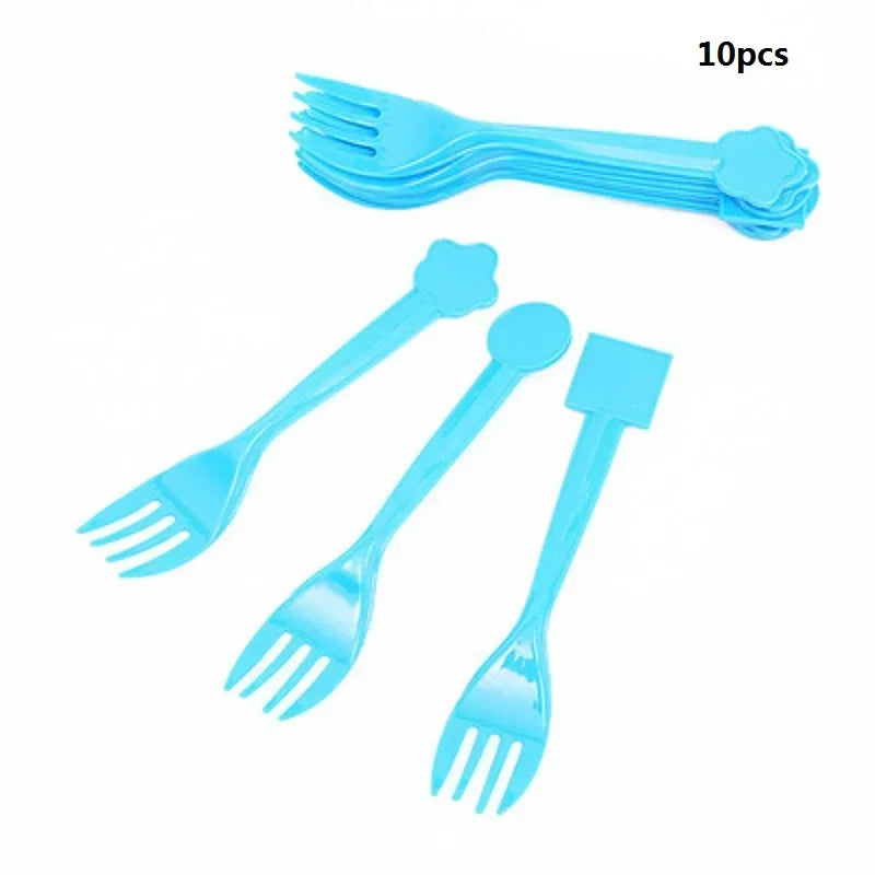 A set of 10 blue plastic cutlery items including forks, knives, and a flag pulling cake topper.