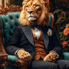 A majestic male lion with a golden mane sits in an ornate chair surrounded by lush floral wallpaper.