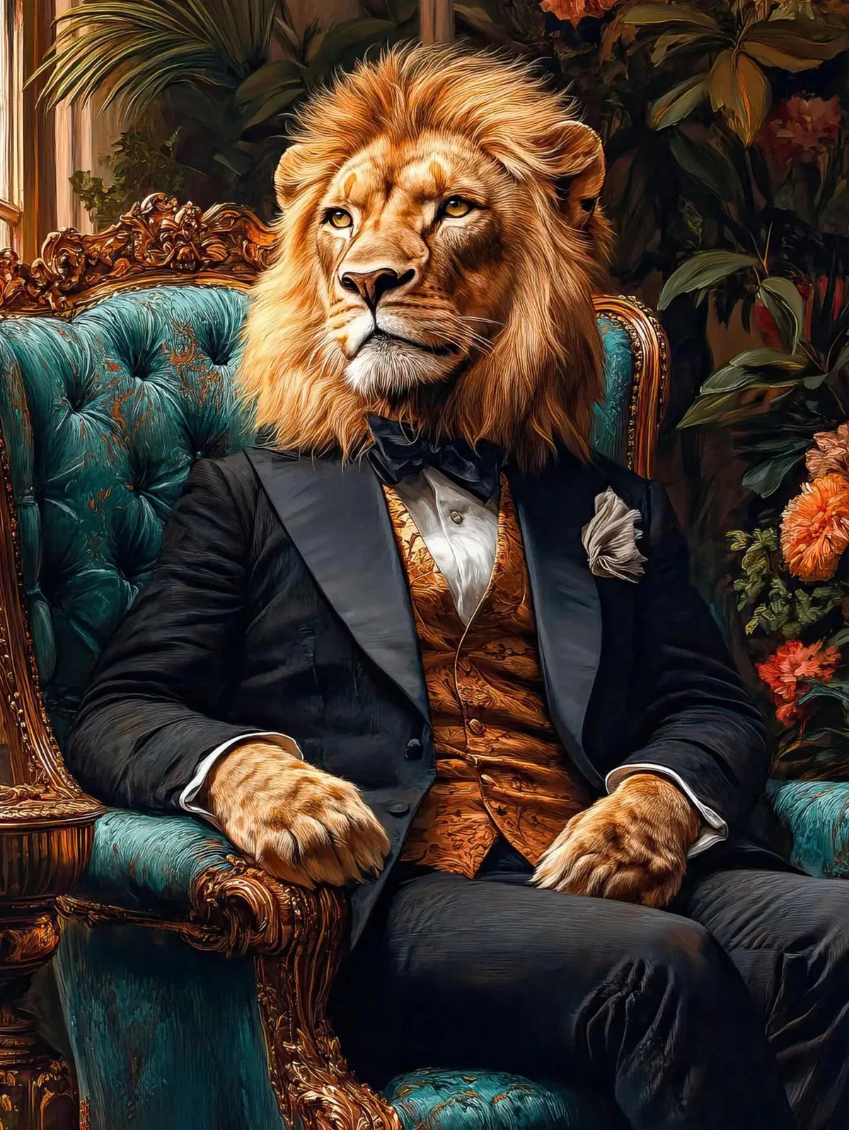 A majestic male lion with a golden mane sits in an ornate chair surrounded by lush floral wallpaper.