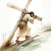 Watercolor painting of Jesus carrying a cross on a path.