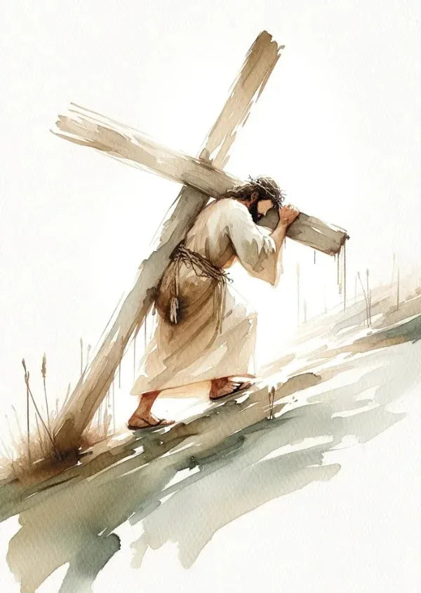 Watercolor painting of Jesus carrying a cross on a path.