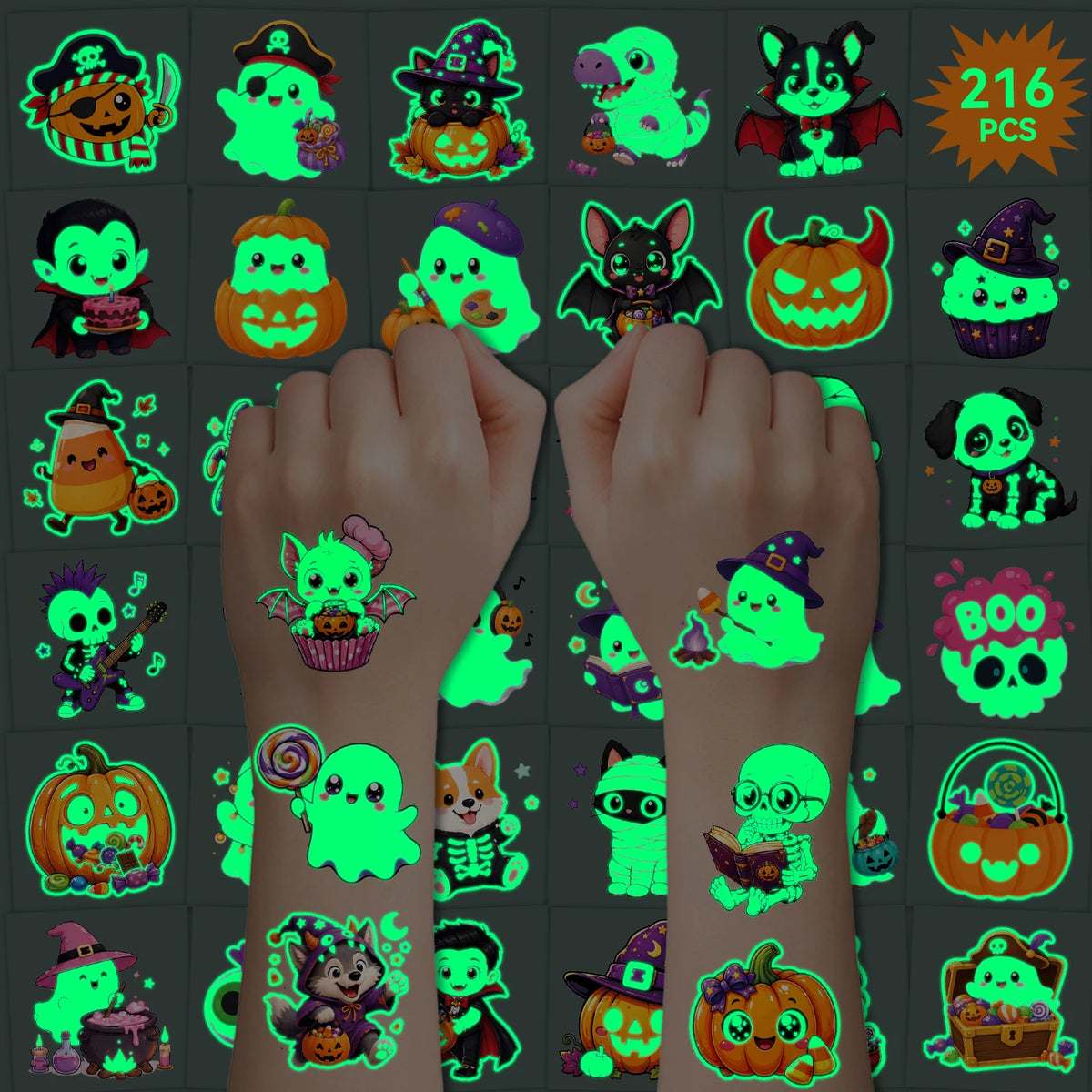 A collection of glow-in-the-dark Halloween temporary tattoos featuring various spooky characters and designs.