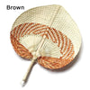 Brown peach-shaped bamboo woven hand fan with a light natural color and visible weaving pattern