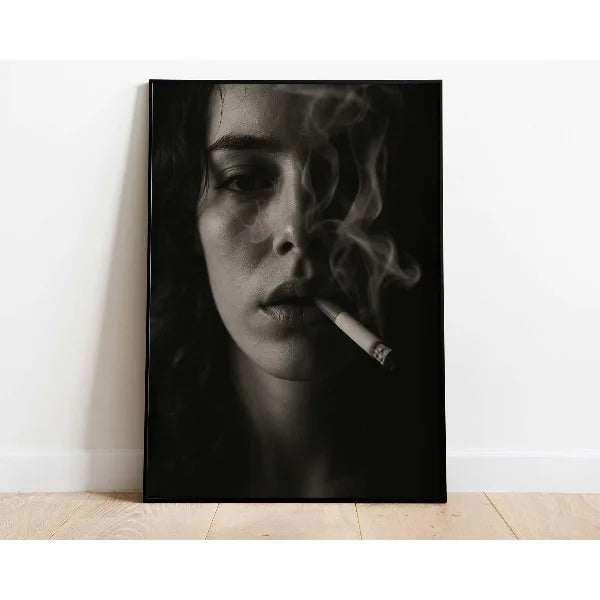 A black and white portrait of a woman with smoke curling from her lips, displayed on canvas.
