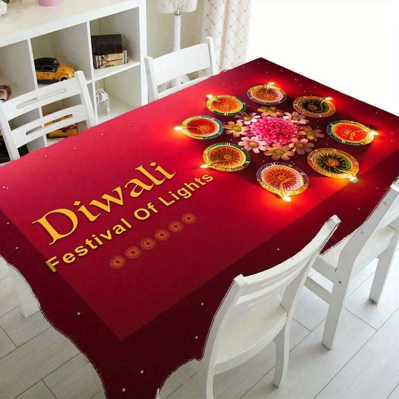 Festive red rectangle dining tablecloth decorated with gold Diwali lights and text.