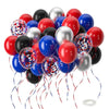 A collection of red and blue confetti latex balloons in various sizes and finishes.