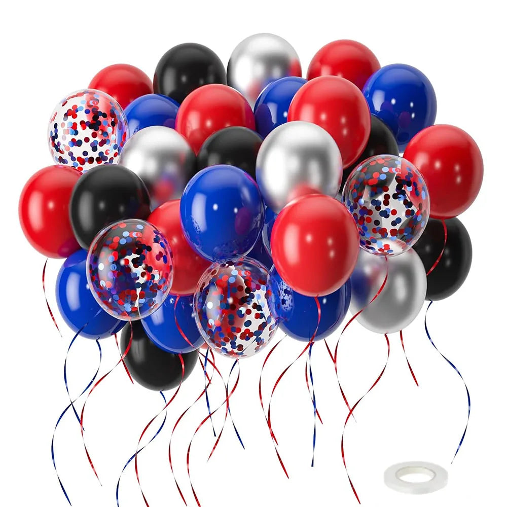 A collection of red and blue confetti latex balloons in various sizes and finishes.