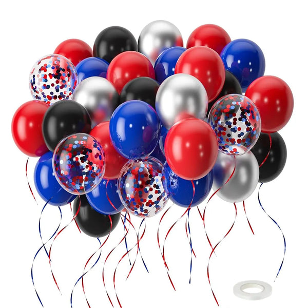 A collection of red and blue confetti latex balloons in various sizes and finishes.