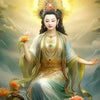 A serene figure in light blue robes with a glowing halo sits amidst clouds and flowers.