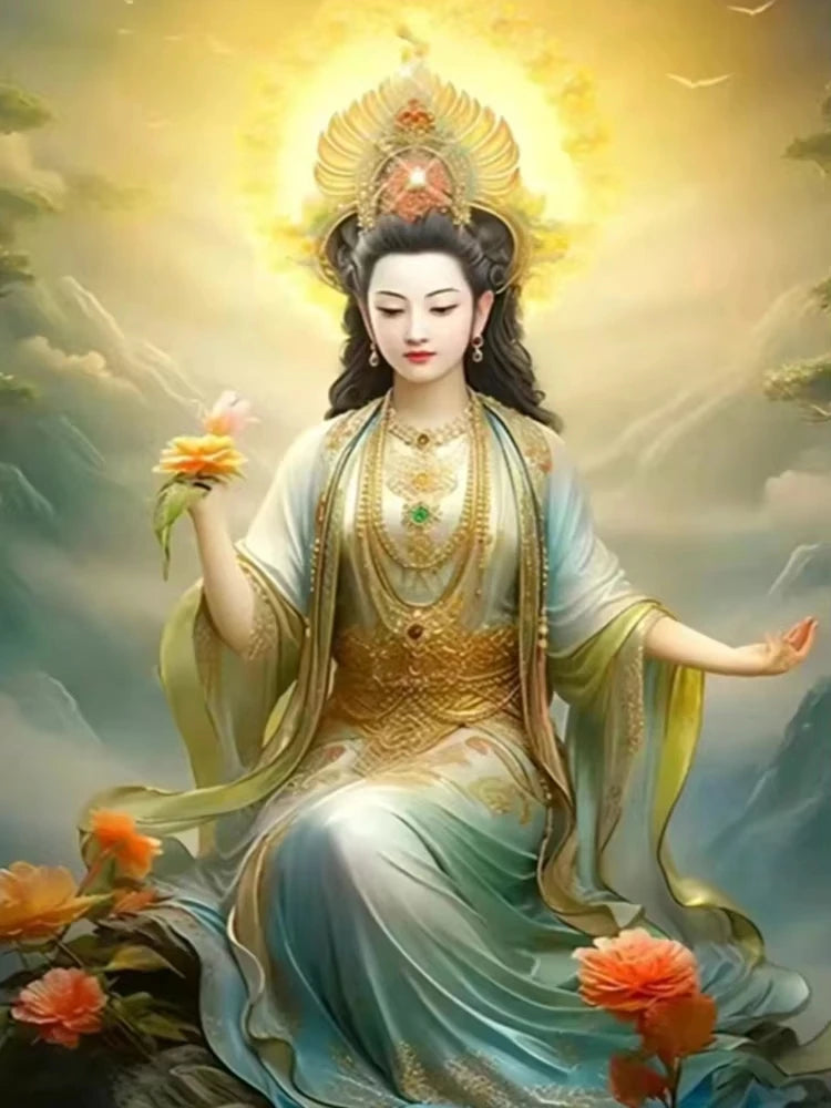 A serene figure in light blue robes with a glowing halo sits amidst clouds and flowers.