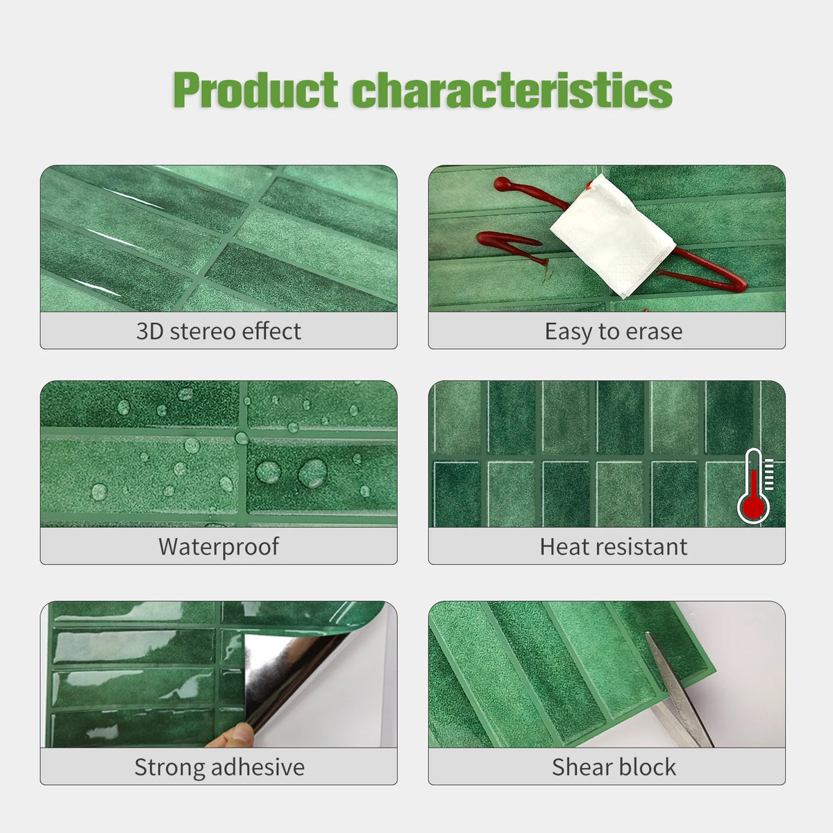 Product characteristics showing 3D stereo effect, ease of erasing, waterproof and heat resistance, strong adhesive, and shear
