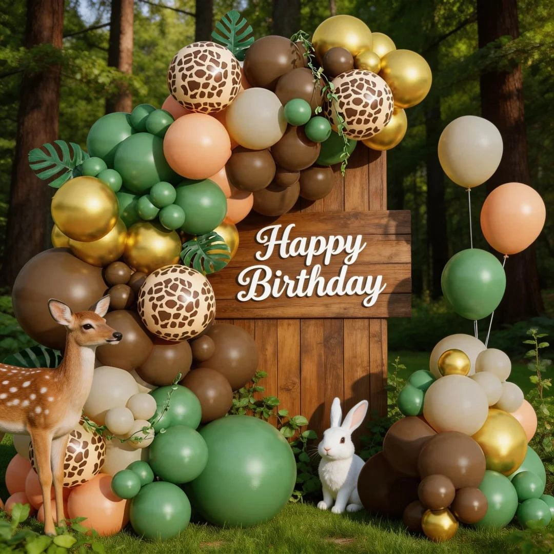 A balloon garland featuring earthy tones and olive greens with giraffe print accents set against a wooden backdrop.