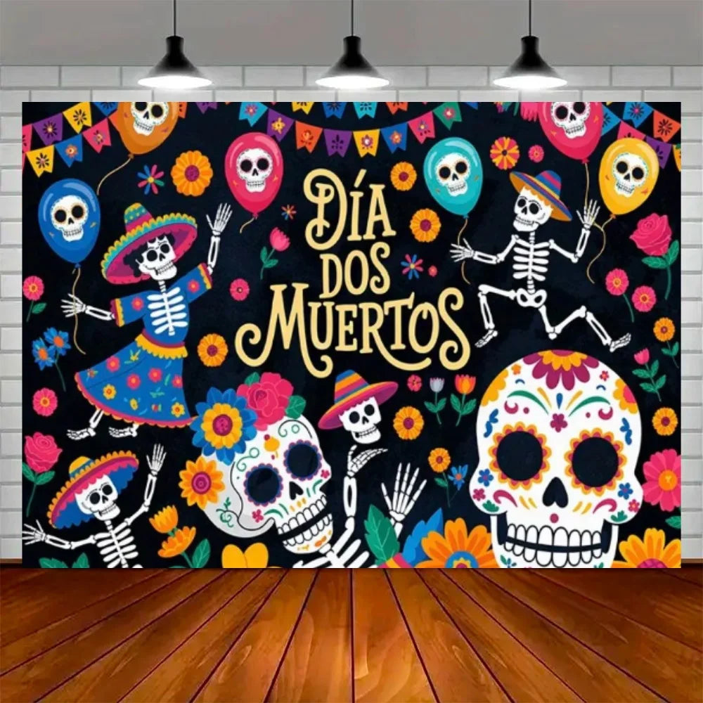 Day of the Dead Skeleton Carnival Backdrop for Halloween Party Decorations