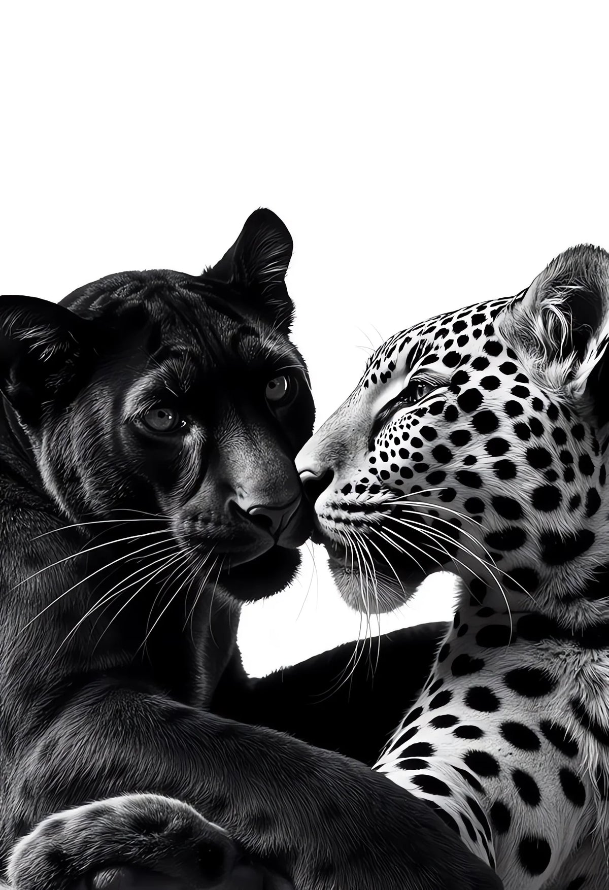Close-up portrait of a black panther and a leopard looking at each other against a white background.