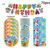 A set of birthday party decorations including a banner, cups, and plates for a children's celebration.