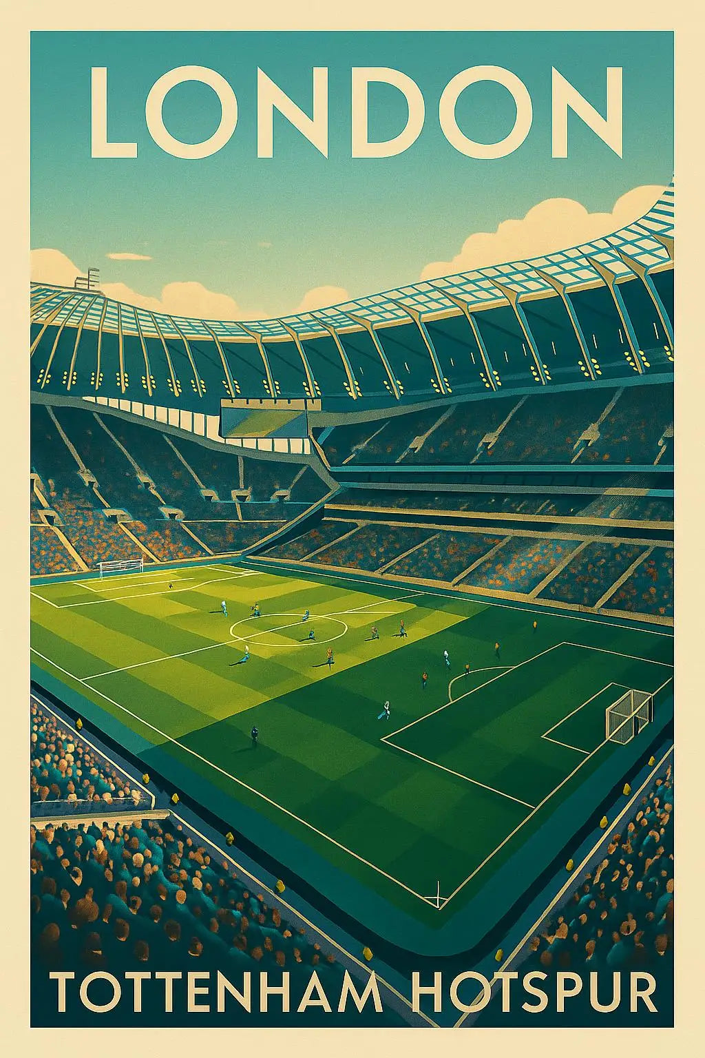 A vintage poster design featuring a football stadium with the word LONDON above and TOTTENHAM HOTSPUR below.