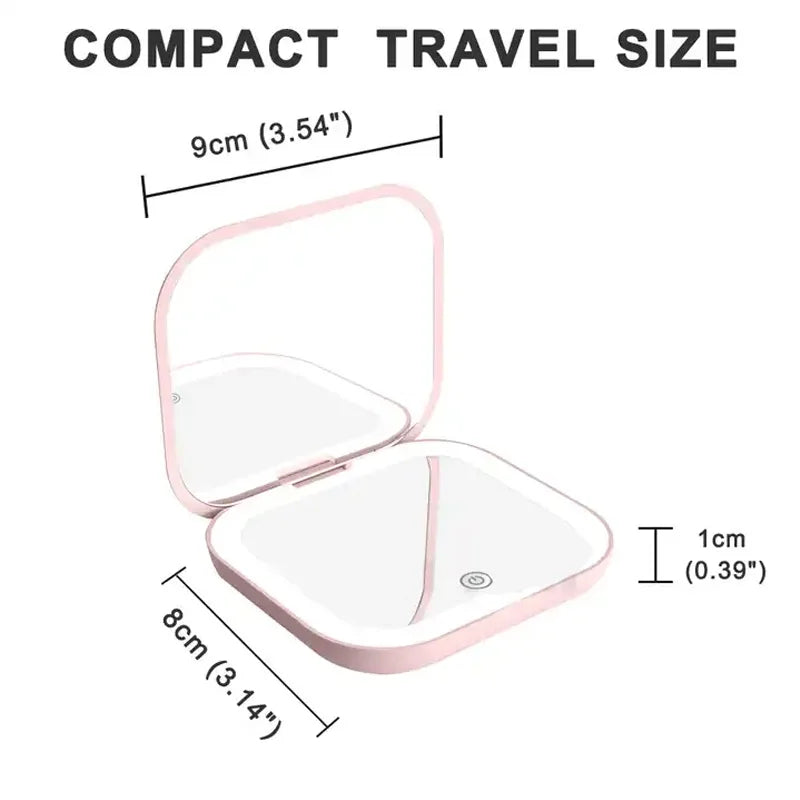 A portable folding makeup mirror with an LED light shown in a travel size context.