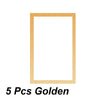 A set of five wooden photo frames with gold accents.