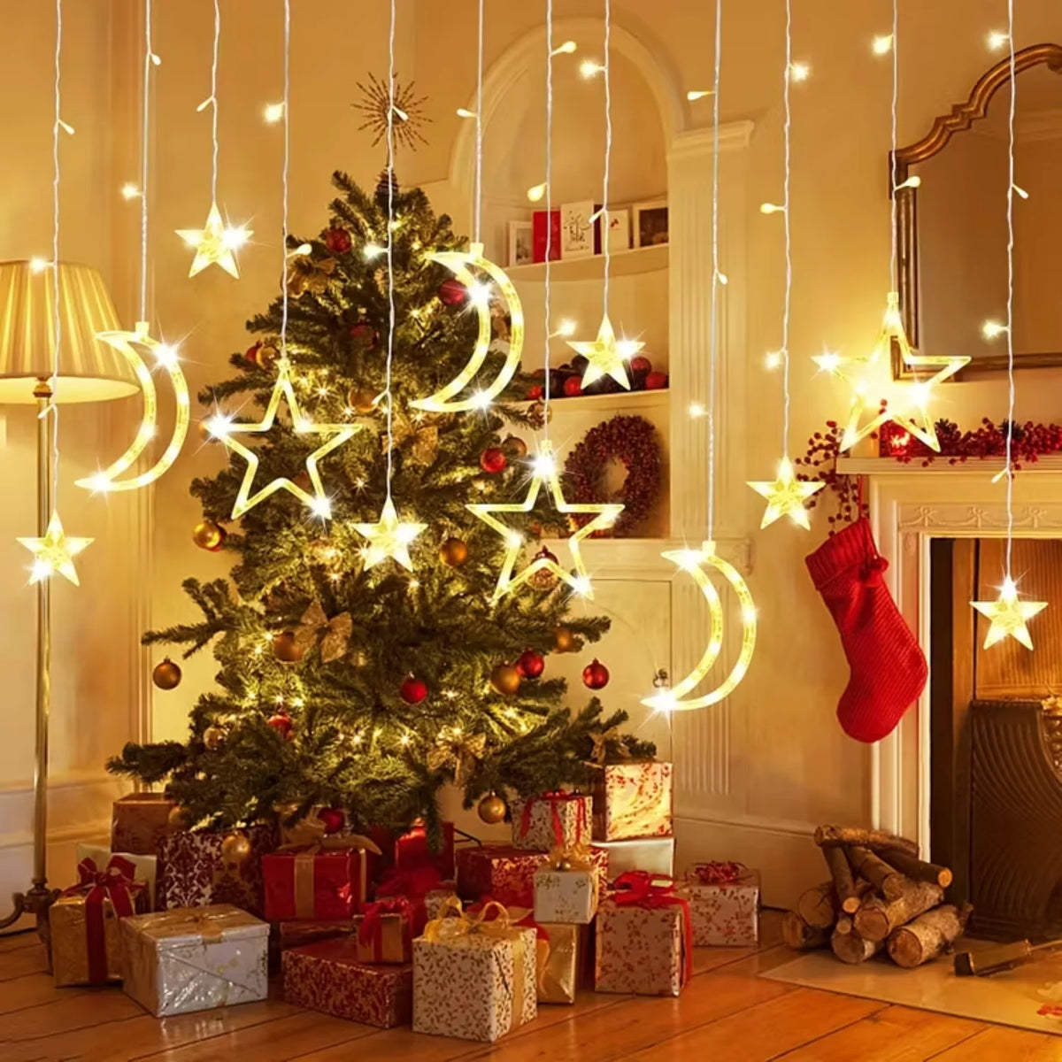 Christmas tree decorated with gold and white star and moon LED string lights in a cozy room setting