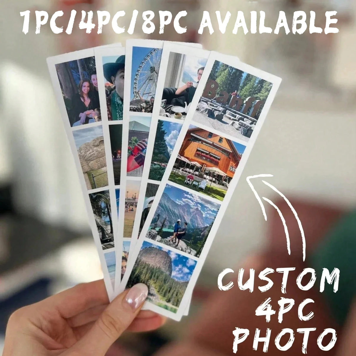 A hand holds a stack of photo strips featuring various images for custom photo booth prints.