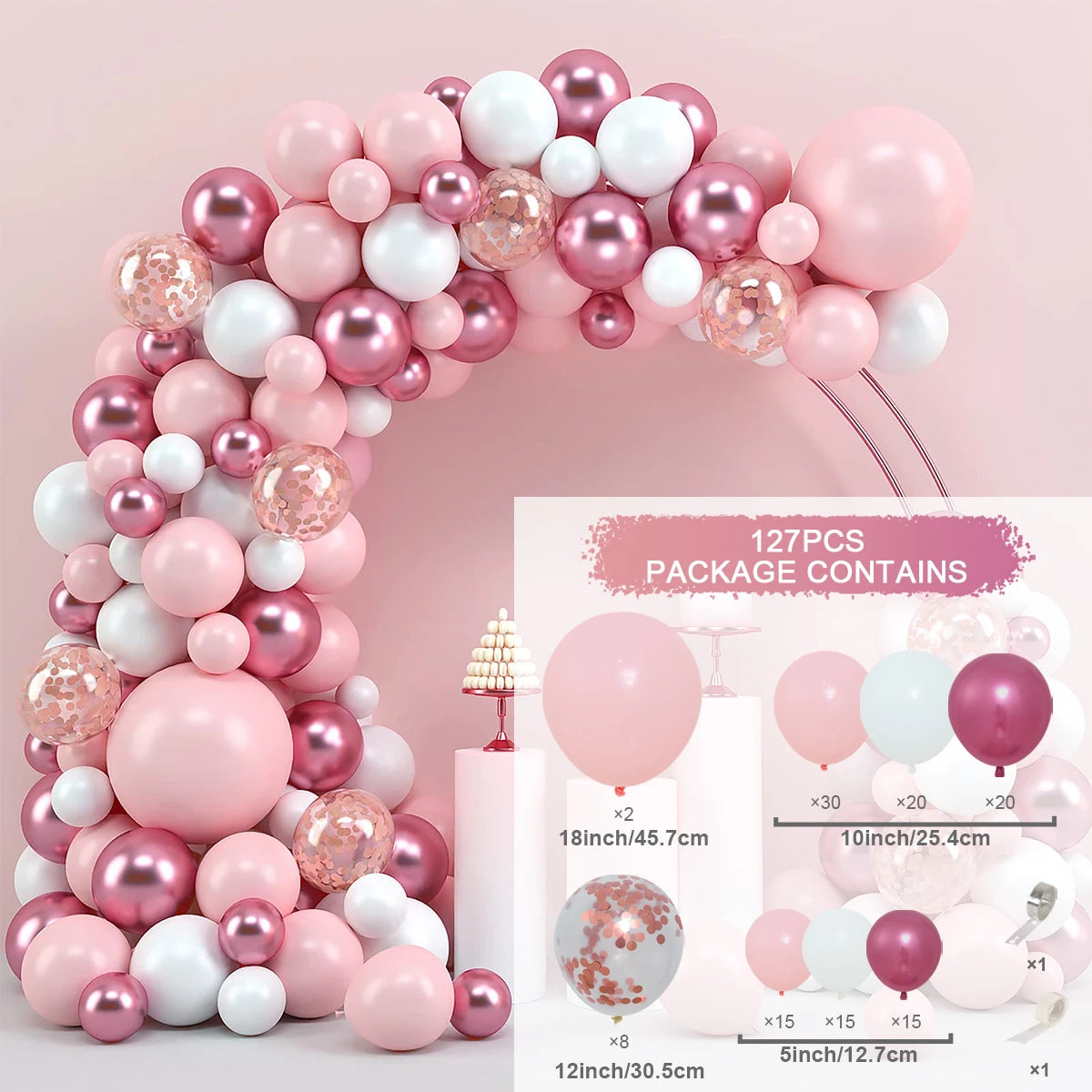 A large arch of pink and white latex balloons with various sizes and glitter accents for celebrations