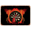 Vintage metal sign featuring a target in the center surrounded by flames and a distressed border.