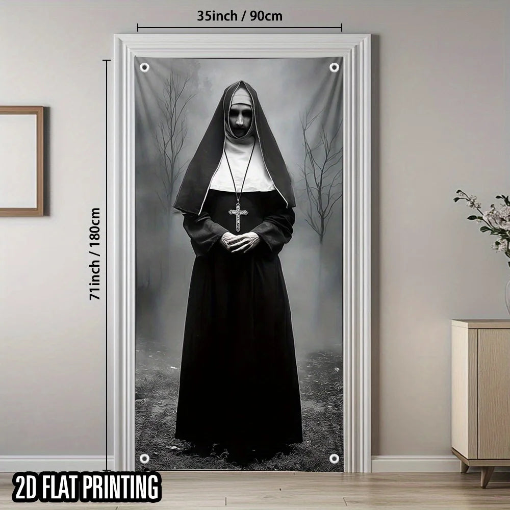 A 2D flat printing of a creepy nun in a black habit framed as a door banner.