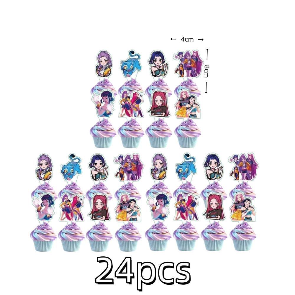 A set of 24 anime hunter girl cake toppers featuring various characters in colorful designs.